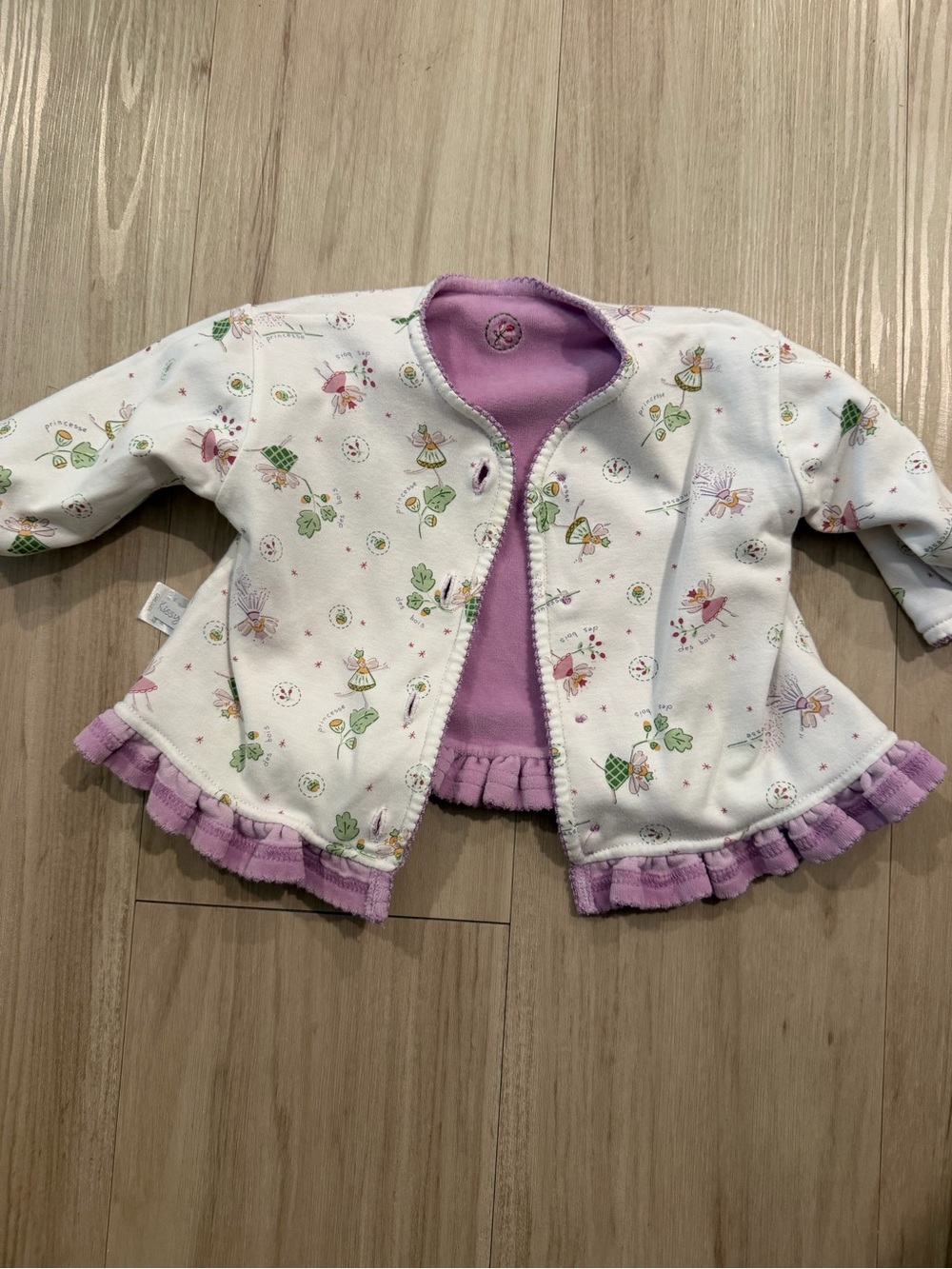 Kissy Kissy Baby Girls White Fairy Print Cardigan reversible with Lavender Trim